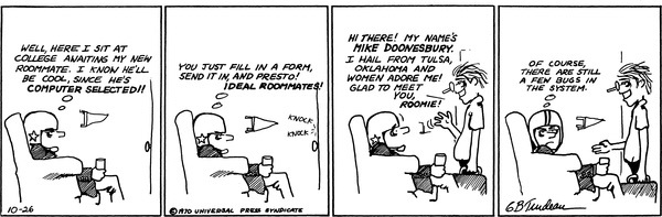 B.D. and Mike Doonesbury meet in a comic published Oct. 26, 1970.